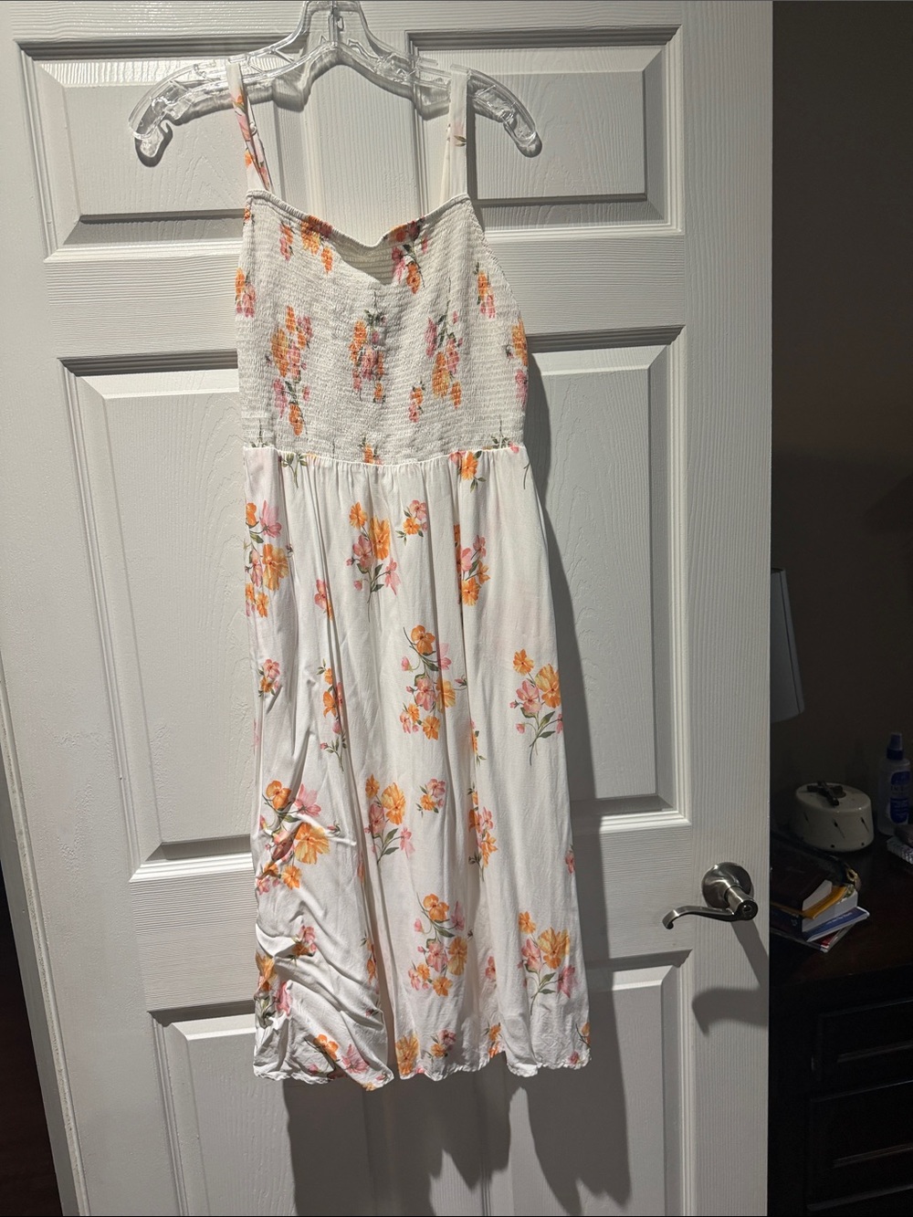 Old Navy White Floral Smocked Midi Dress with Orange and Pink Blooms